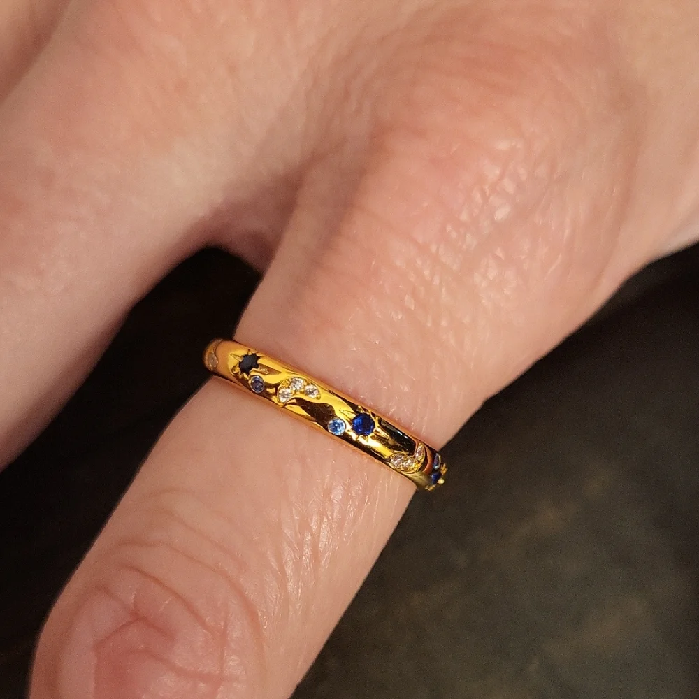 18k Over Sterling Silver Moon & Star Celestial Band Ring